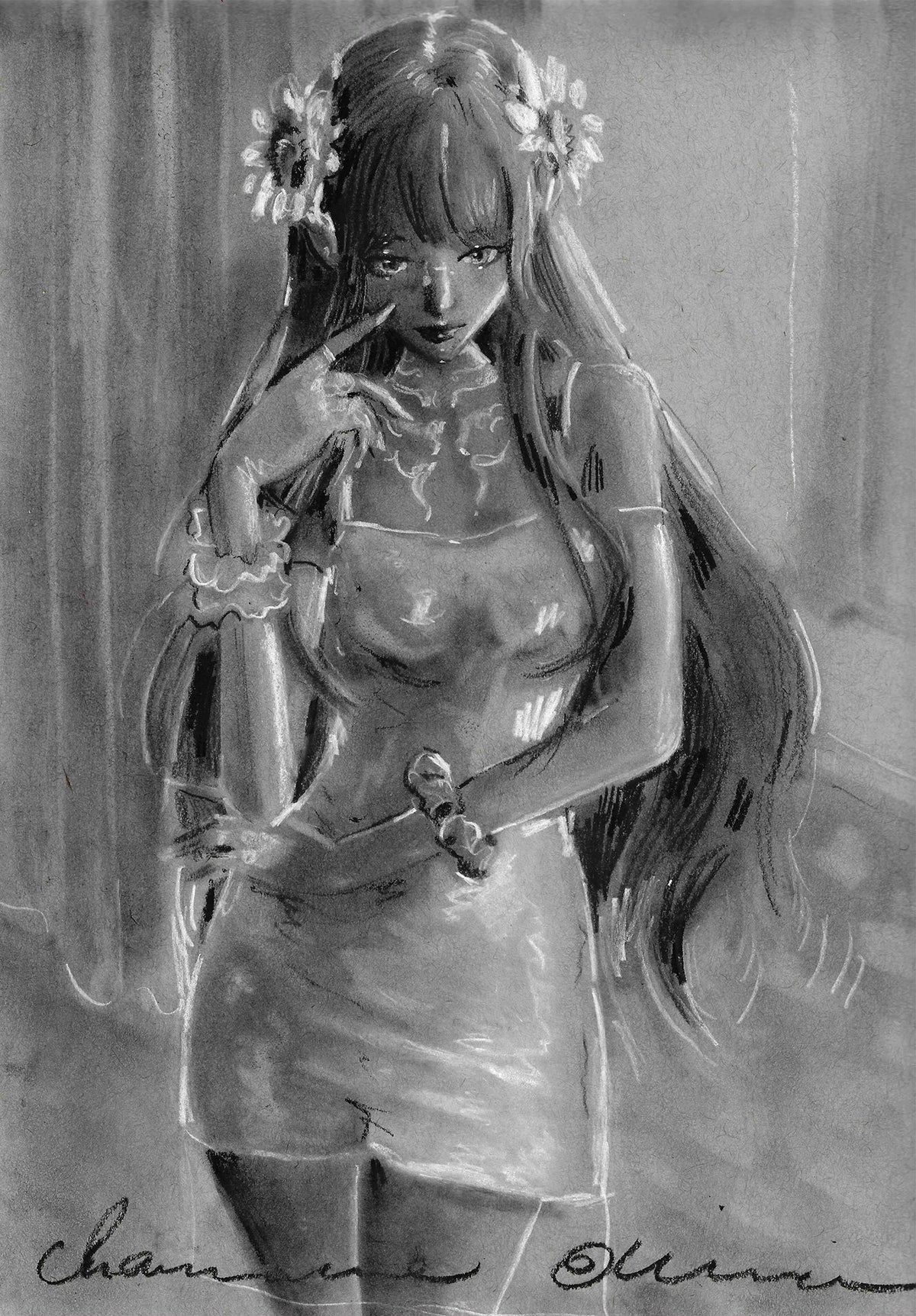Moody Charmira Original Charcoal Drawing
