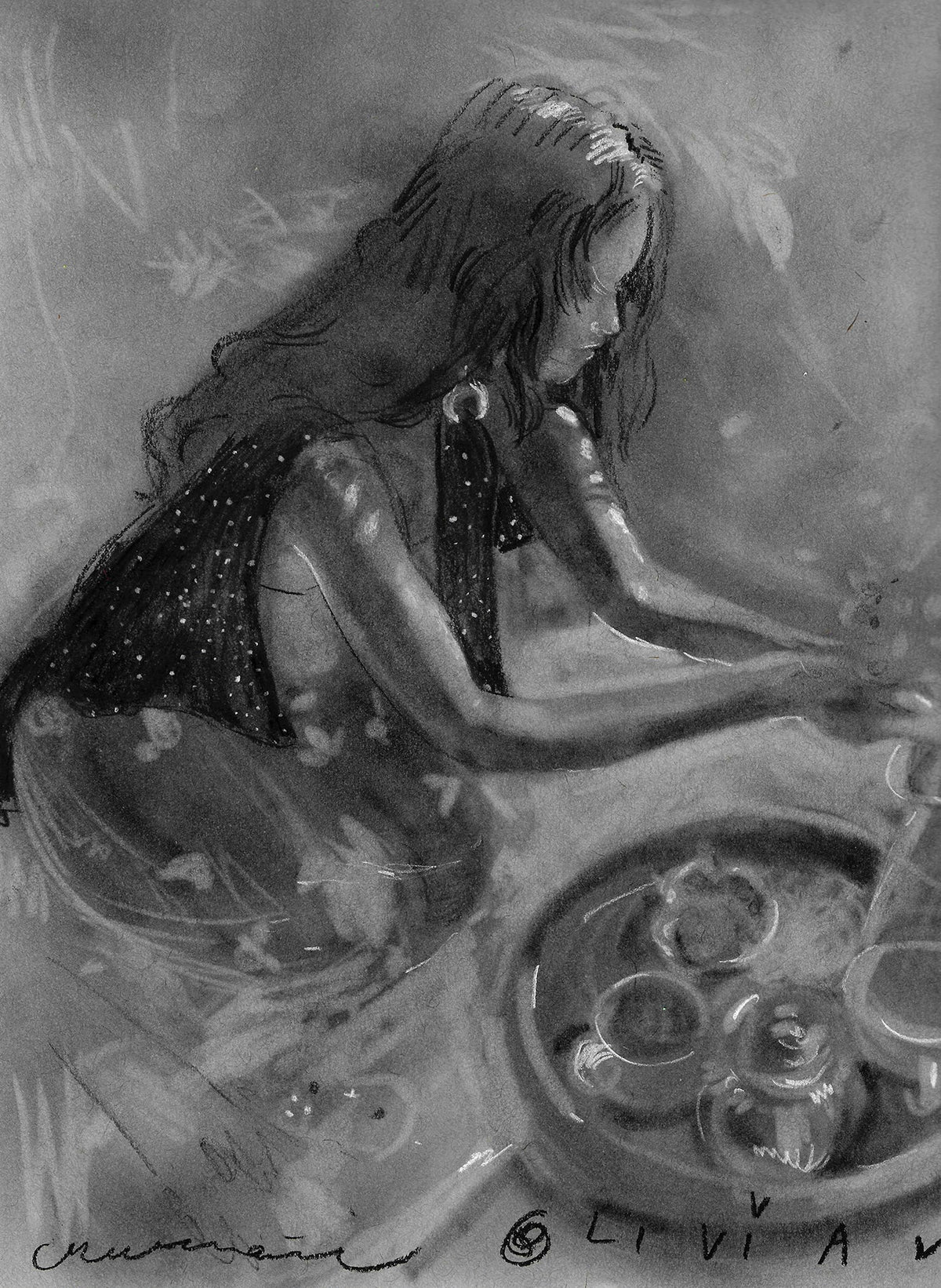 Flower Arranging Original Charcoal Drawing