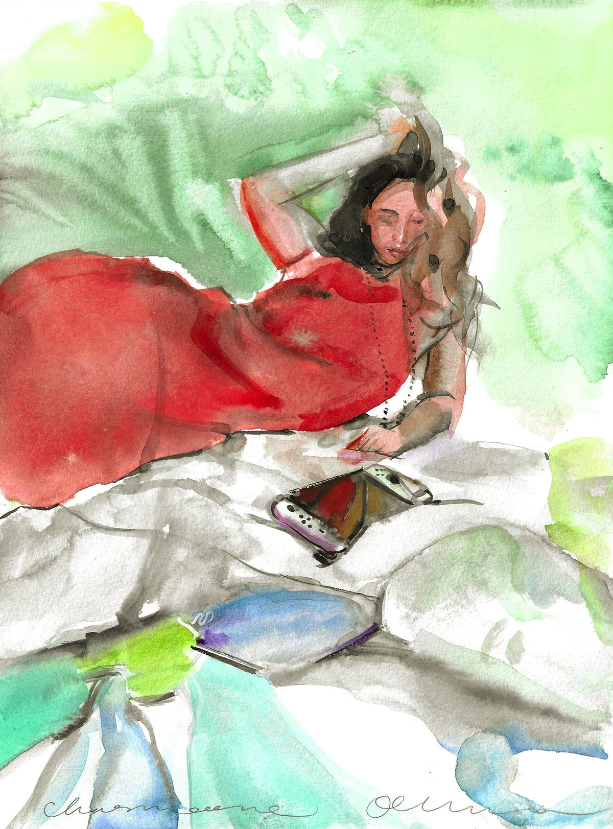 Selfie with Switch Watercolor Painting